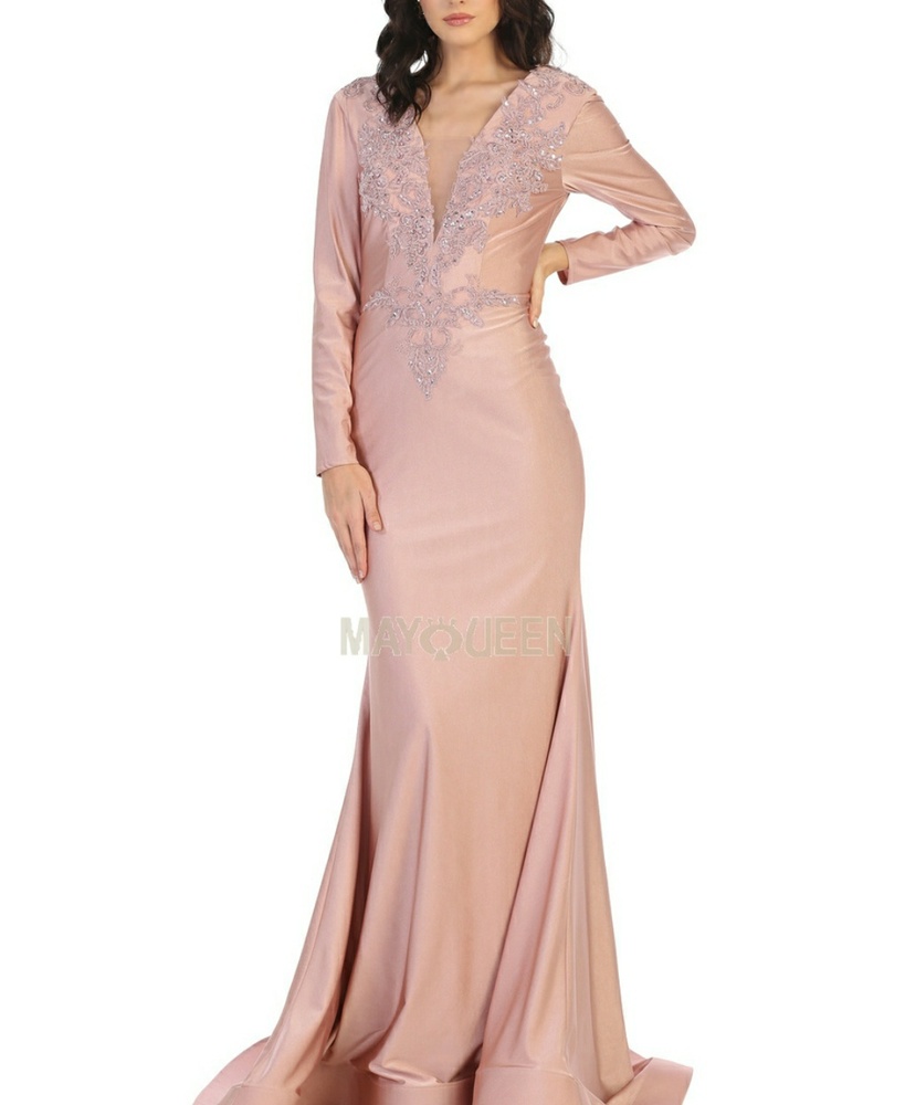 BURGUNDY BLACK OR ROSE Green, LONG SLEEVE FORMAL GOWN - Picture 5 of 10